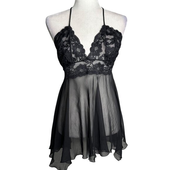 Sheer Black Lace Babydoll Lingerie With Halter Neck Tie Back Shirley M/L - Picture 1 of 7